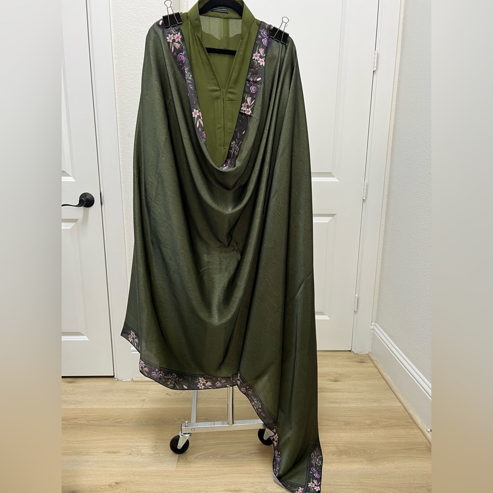 3-PCS Olive Green Georgette Top, Culotte And Printed Silk Dupatta Natasha Kamal
